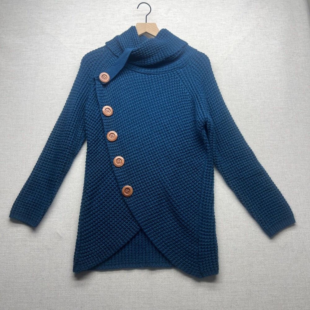 Grecerelle Women's Blue Solid Knit Cowl Neck Button Cardigan Sweater M